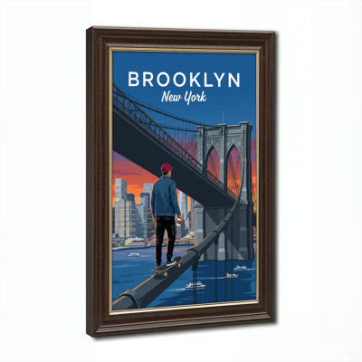 Art mural antique sur toile encadré doré pour le salon, la chambre à coucher, le bureau ou le vestibule - décoration murale décorative avec pont de Brooklyn