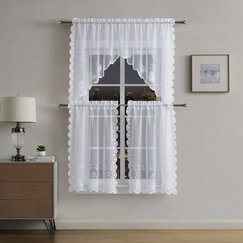 3 Piece White Coffee Kitchen Window Curtains Bundle Includes 2 36 Inch Tiers & Valance., White