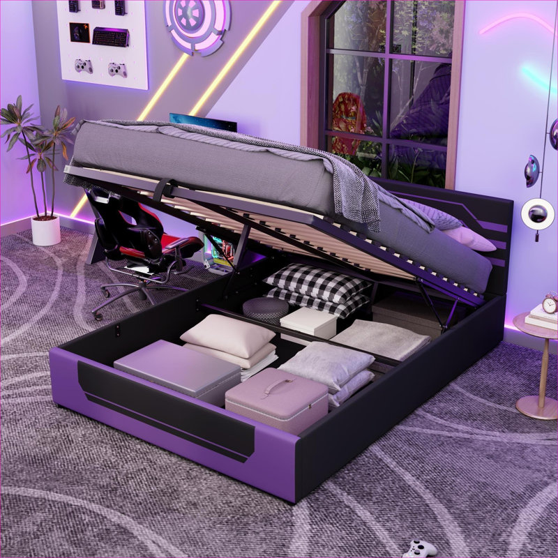 Lit plateforme de rangement hydraulique pour chambre à coucher de jeu, rembourré de style noir Cyberpunk Esports
