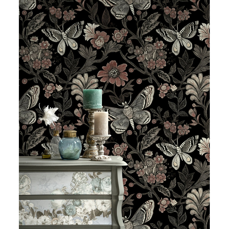 Papier peint rétro avec motif papillon et motif floral