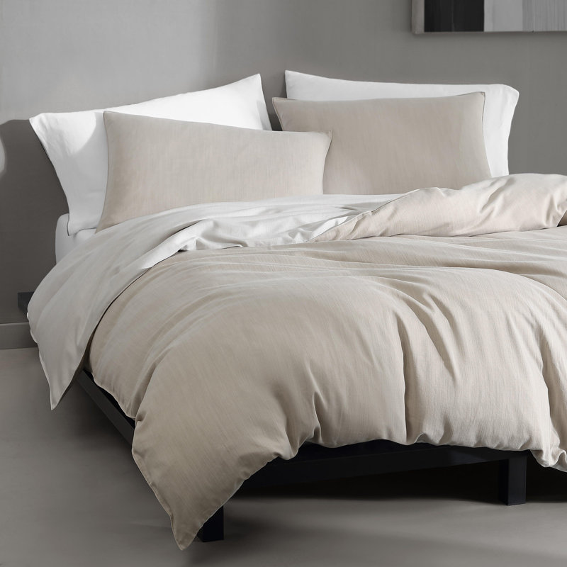 Queen Beige Tencel Reversible Duvet Cover Set with Shams