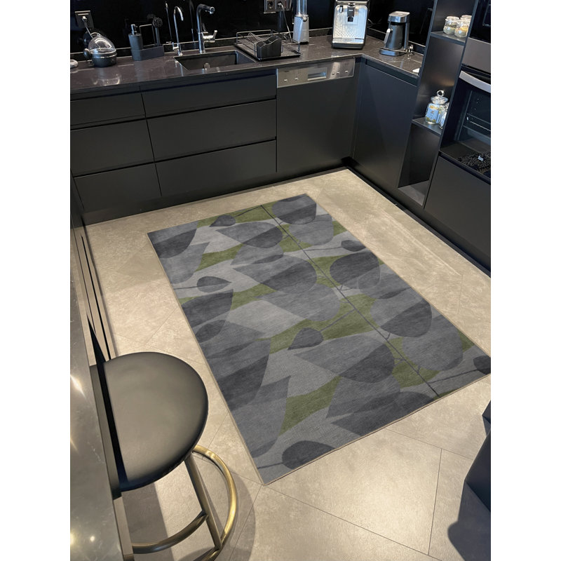 Tapis décoratif moderne à motif géométrique abstrait gris et vert, Rectangle 4 pi 11,06 po x 7 pi 6,55 po