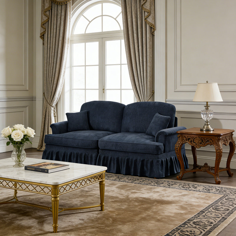 Canapé-lit 2 places en tissu de chenille avec jupes à plis, 2-Seat, Bleu