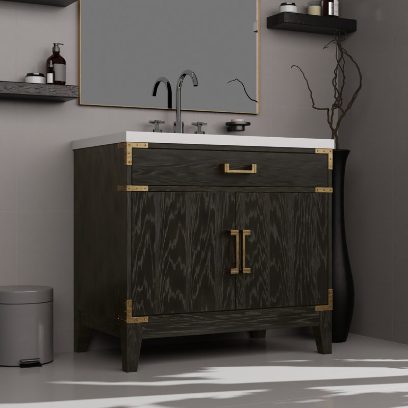 36 po Meuble-lavabo simple en chêne noir avec quartz blanc et miroir de 34 po