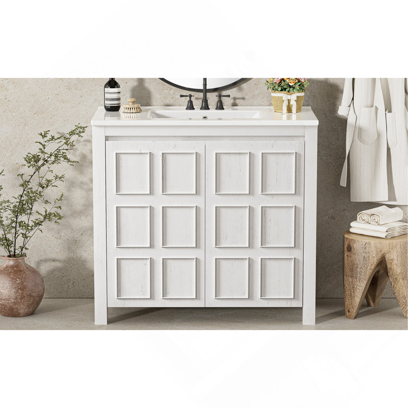 Organisateur de meuble-lavabo 36 po avec lavabo en céramique, ensemble armoire de rangement pour salle de bain, blanc antique