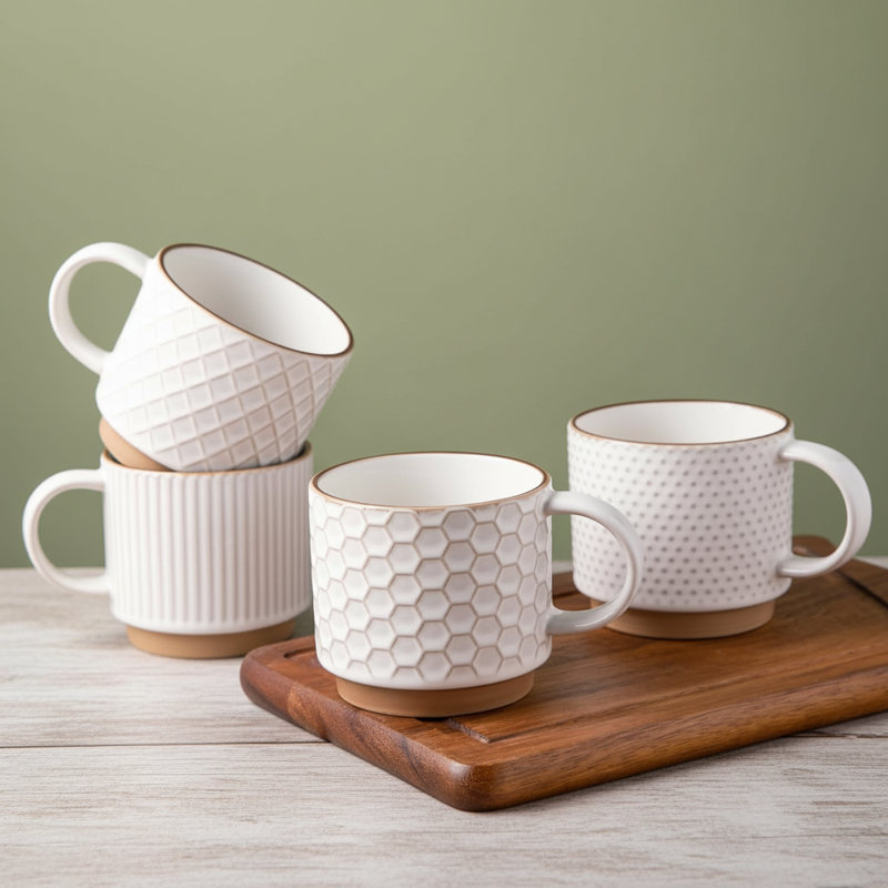 Ensemble de 4 tasses à café en céramique empilables 12 oz texturées pour café au lait cappuccino cacao, lave-vaisselle et micro-ondes, blanc cassé