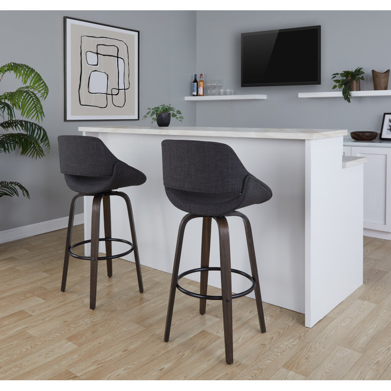 Najrin Upholstered Bar & Counter Stool with Round Footrest, Glazed Walnut/Black, Bar Stool (30" Seat Height), Charcoal Gray