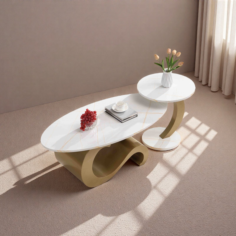 Ensemble de 2 tables de bout Modern Modern, Plateau blanc / base or, Marbre