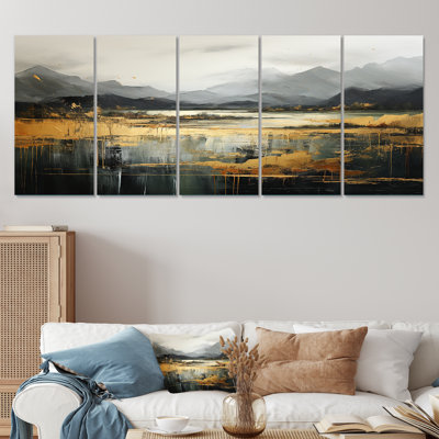 Gris et jaune, paysage de montagne abstrait IV - Paysages abstraits, art mural 5 pièces
