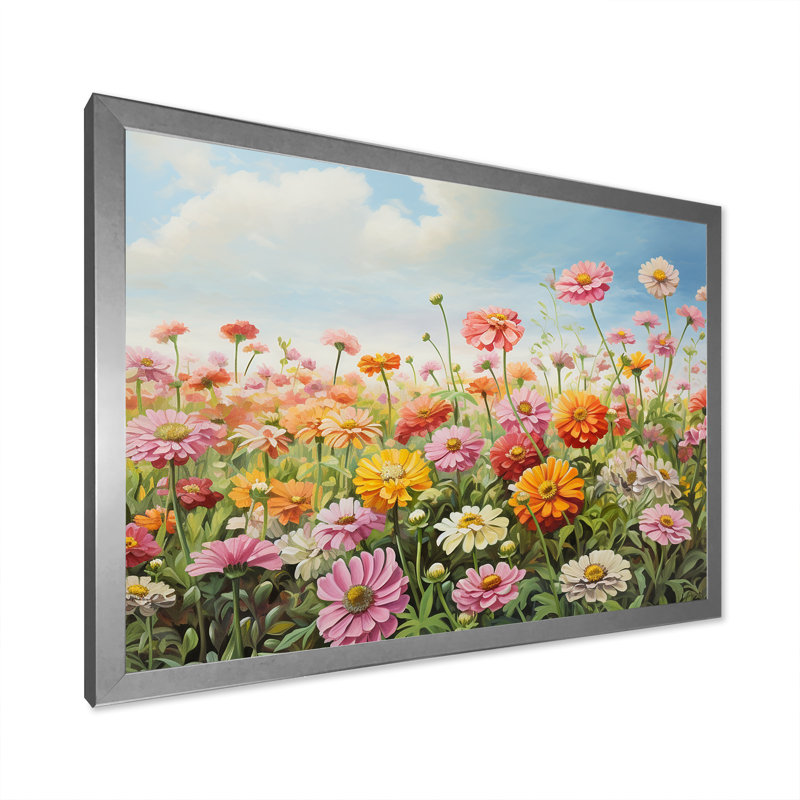 Zinnias Country Charm I sur impression sur toile, Cadre simple argenté, H 12 po x l 20 po x P 1 po