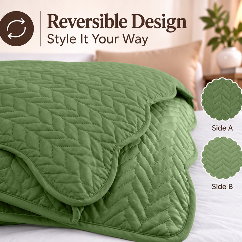 Ensemble de couvre-lit à motif de feuilles en relief pour lit simple – 2 couvre-lits et 2 taies d'oreiller, OLIVE GREEN