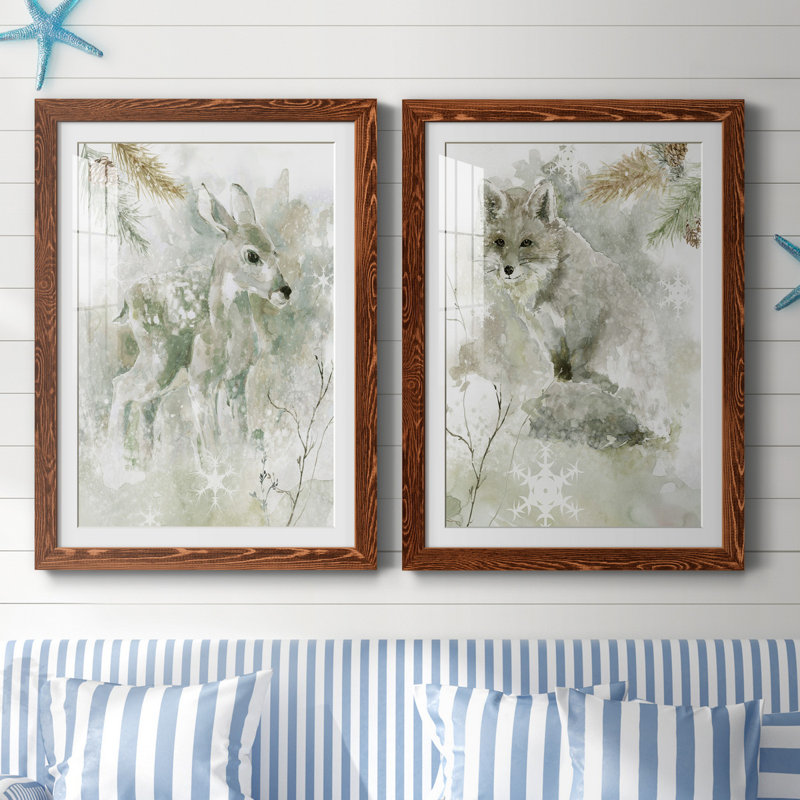 Winter Lodge Fawn - ensemble de 2 reproductions d'art, H 37,5 po x l 55 po x P 1,5 po, Papier avec cadre érable, Blanc