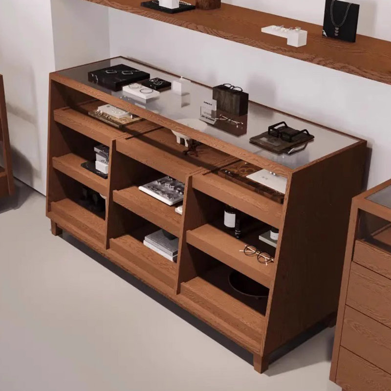 Vitrine en bois brun avec plateau en verre trempé et 9 plateaux coulissants fixes - prêt à l'emploi, aucun assemblage requis