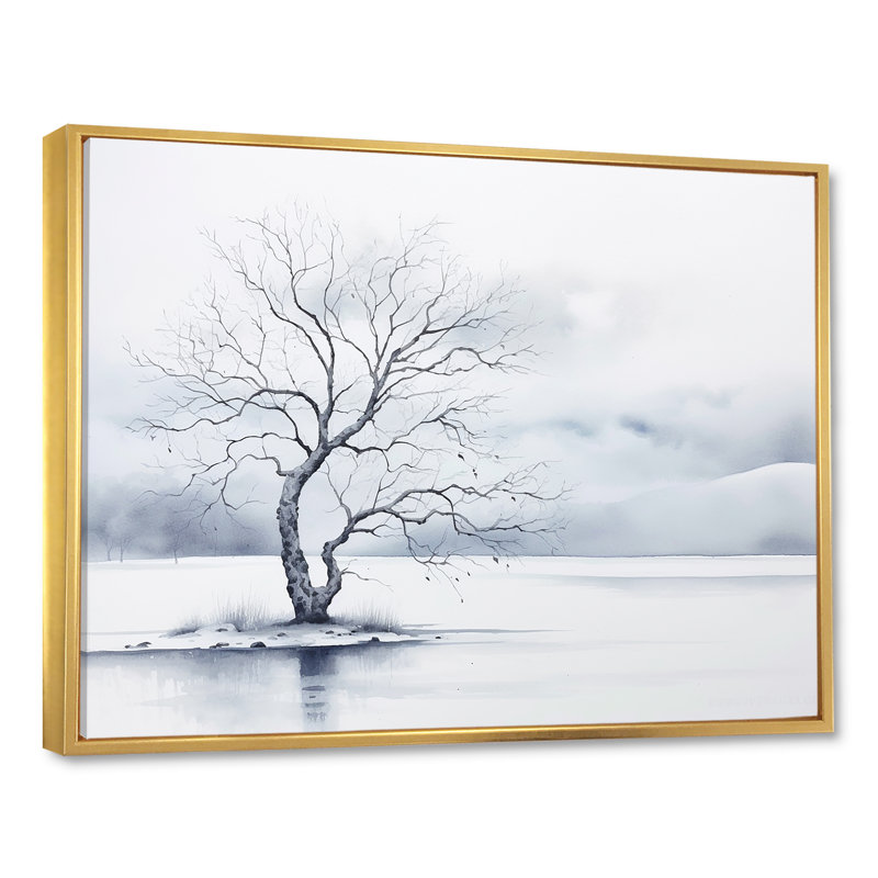 Winters Tree Minimalisme I - impression d'art mural arbre, Cadre flottant doré, H 16 po x l 32 po x P 1 po