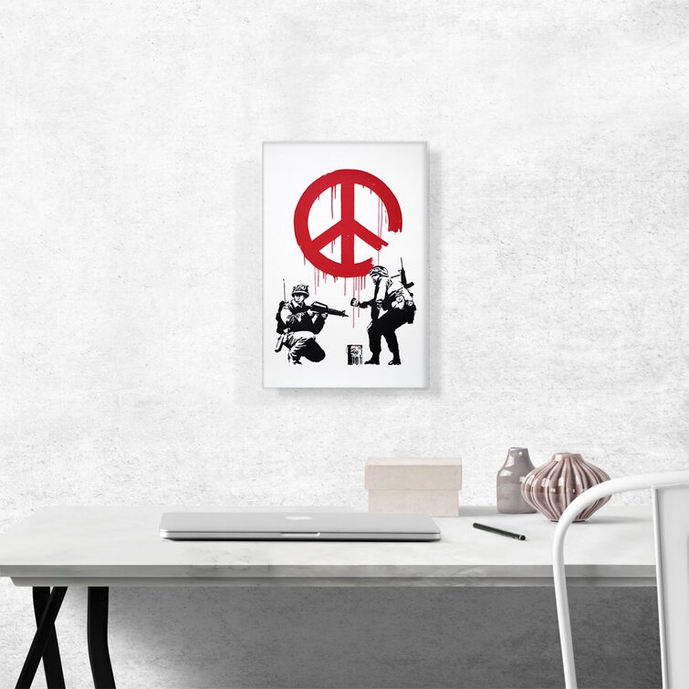 Soldiers Painting Peace Sign by Banksy - Wrapped Canvas Painting Print ARTCANVAS Size: 18 H x 12 W x 1.5 D