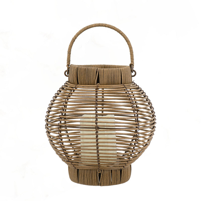 8.7X8.7X9.8" Brown Poly Rattan Lantern With White LED Candle, Brown