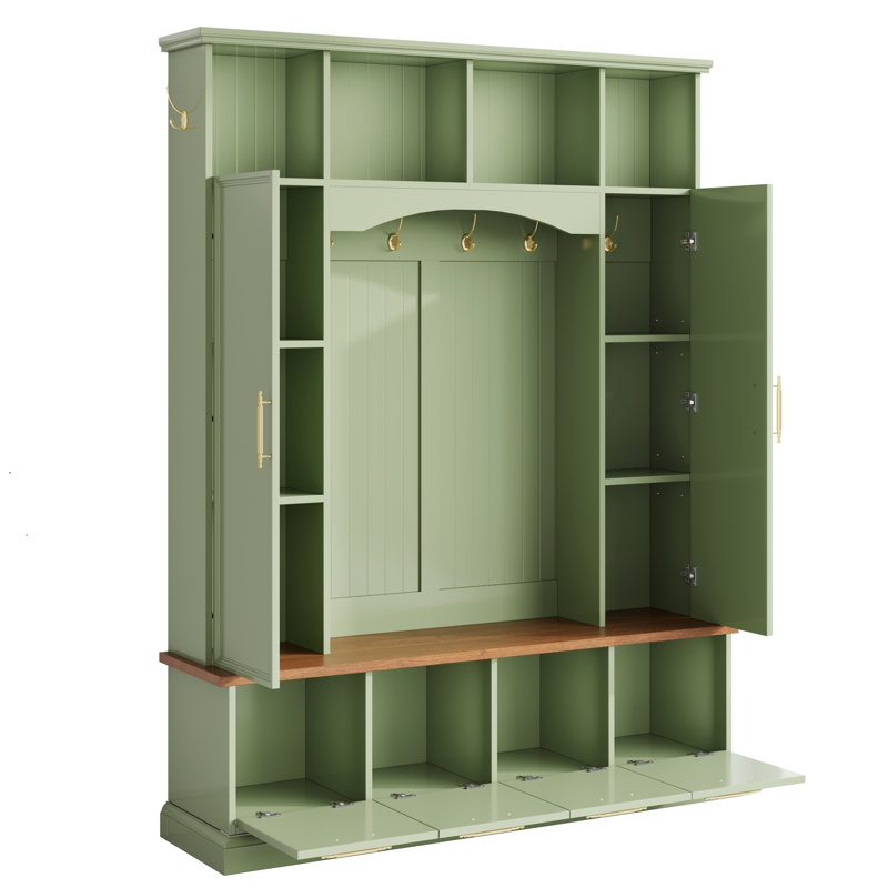 Albin 59 " Wide Hall Tree with Shelves and Cabinet, Vert