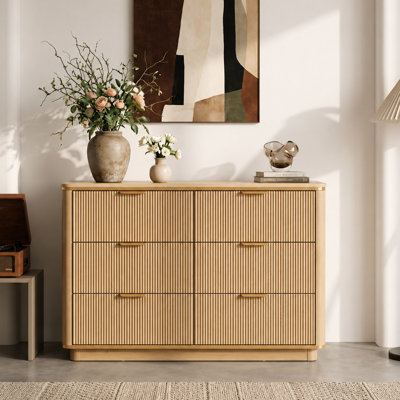 Avalie Fluted 6-Drawer Dresser with Rounded Frame and Gold Trim, Natural Storage Cabinet for Bedroom or Living Room
