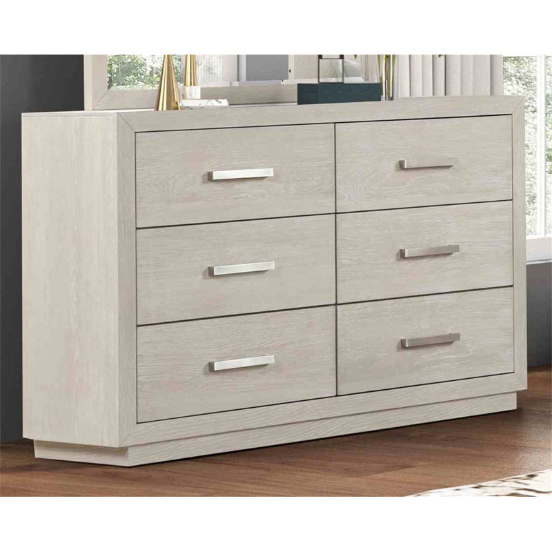 Commode 1 pièce à 6 tiroirs gris clair en acacia massif de style transitionnel avec glissière latérale en métal