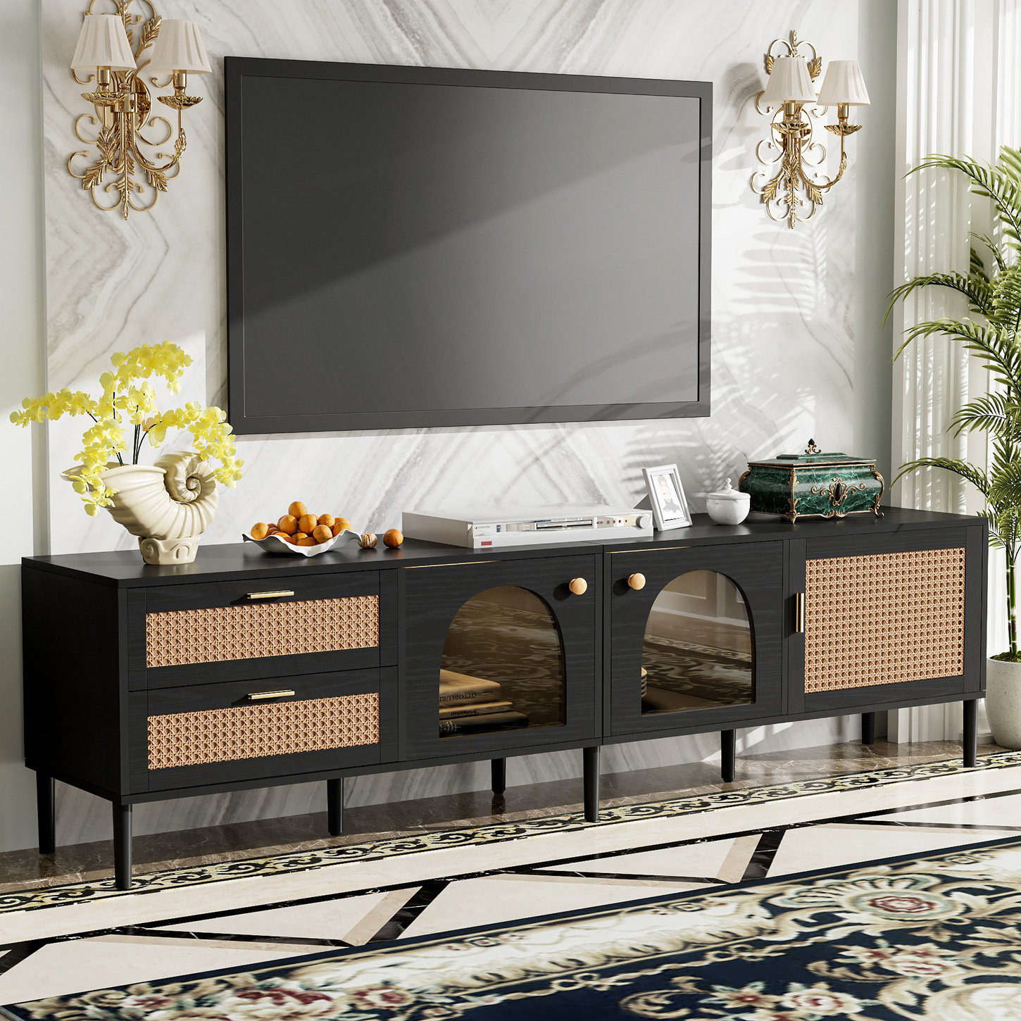 Bay Isle Home™ Rattan Tv Stand With 3 Cabinets & 2 Drawers, Rattan ...