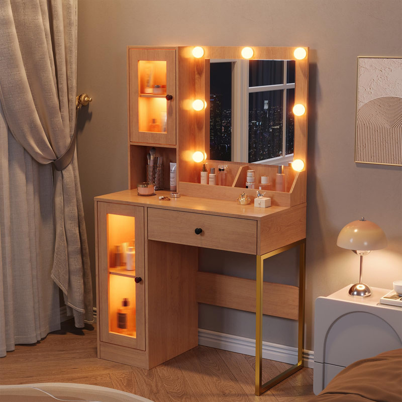 Vanity Desk with Mirror & Lights, Makeup Table with USB Outlets, Storage Drawers & Adjustable Bulbs, Beige