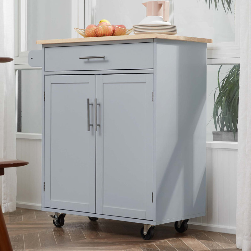 Kitchen Island Cart with Rubber Wood Top Utility Serving Cart, Gray