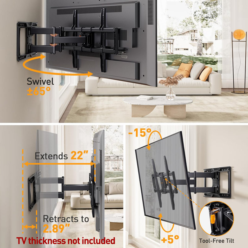 Support mural pour téléviseur complet pré-assemblé Perlegear homologué UL | Ajustement sans outil, téléviseurs de 42 à 90 po, 150 lb, VESA 600 x 400 mm, goujons de 12 à 24 po GPGF16