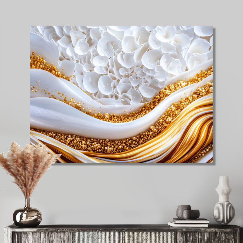 Marbre fleuri de blanc doré - art mural abstrait en marbre, H 34 po x l 44 po, Toile tendue, Ne s’applique pas