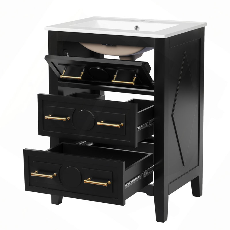 24" Bathroom Vanity With Ceramic Sink Combo, Free Standing Single Vanity Set With 3 Drawers, Solid Wood Frame Bathroom Storage Cabinet