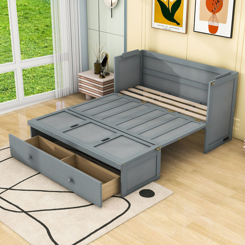 Lit escamotable en bois avec 1 tiroir et ports USB, gris, Grand
