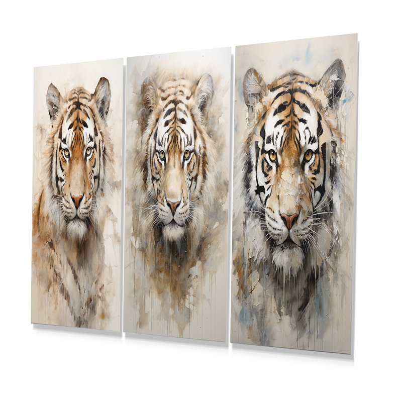 Minimalisme beige, tigre, ensemble de 3 reproductions d'art en métal, H 28 po x l 36 po