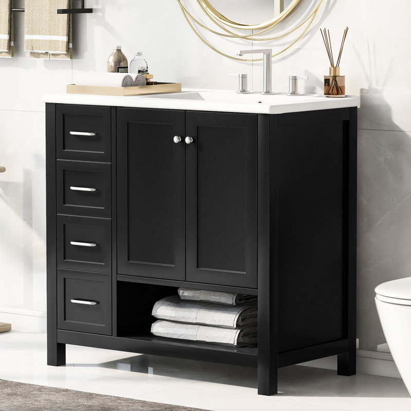 Meuble-lavabo moderne de 36 po, noir avec lavabo, bois massif et fabrication, deux portes et tiroirs, lavabo en céramique, planches d'apparence élégantes, lavabo, style contemporain