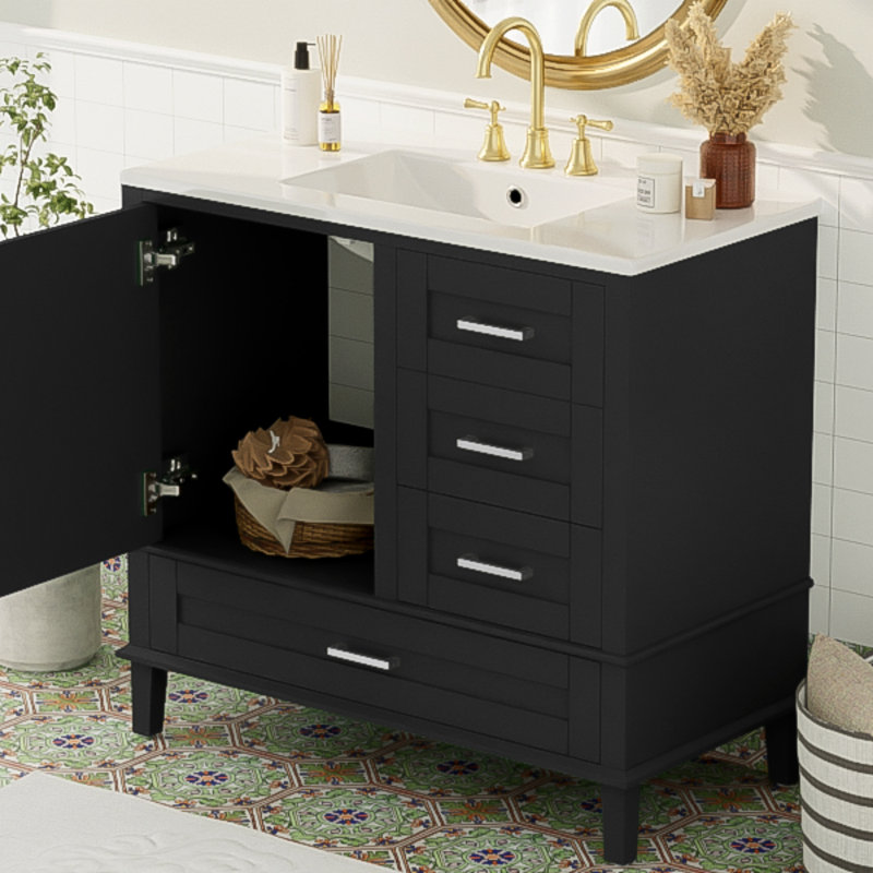 Meuble-lavabo 36 po avec cadre en pin massif, 1 porte à fermeture douce et 3 tiroirs, Noir