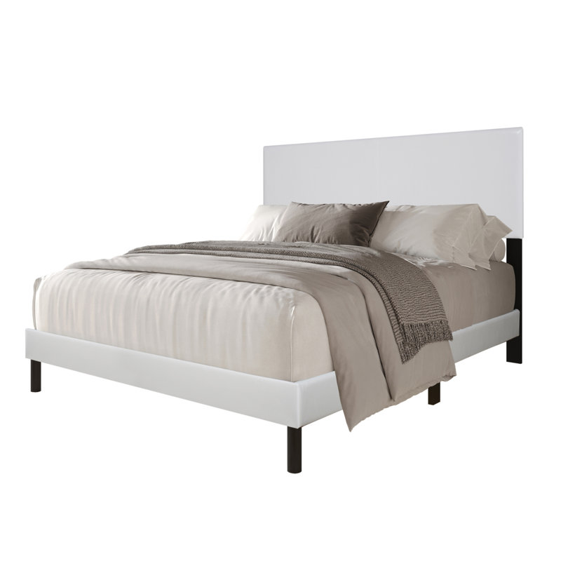 Base de lit plateforme moderne en polyuréthane avec tête de lit à lattes en bois, sans sommier tapissier, fabrication robuste et silencieuse, mobilier de chambre contemporain minimaliste, assemblage facile