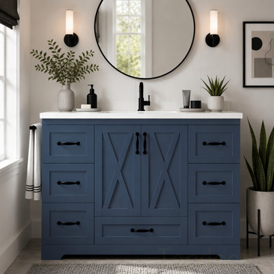 Meuble-lavabo de salle de bain avec lavabo, armoire autoportante de style campagnard avec lavabo en céramique, 6 tiroirs, tablettes de porte intégrées, tablette réglable, barre à serviettes latérale et quincaillerie à fermeture en douceur