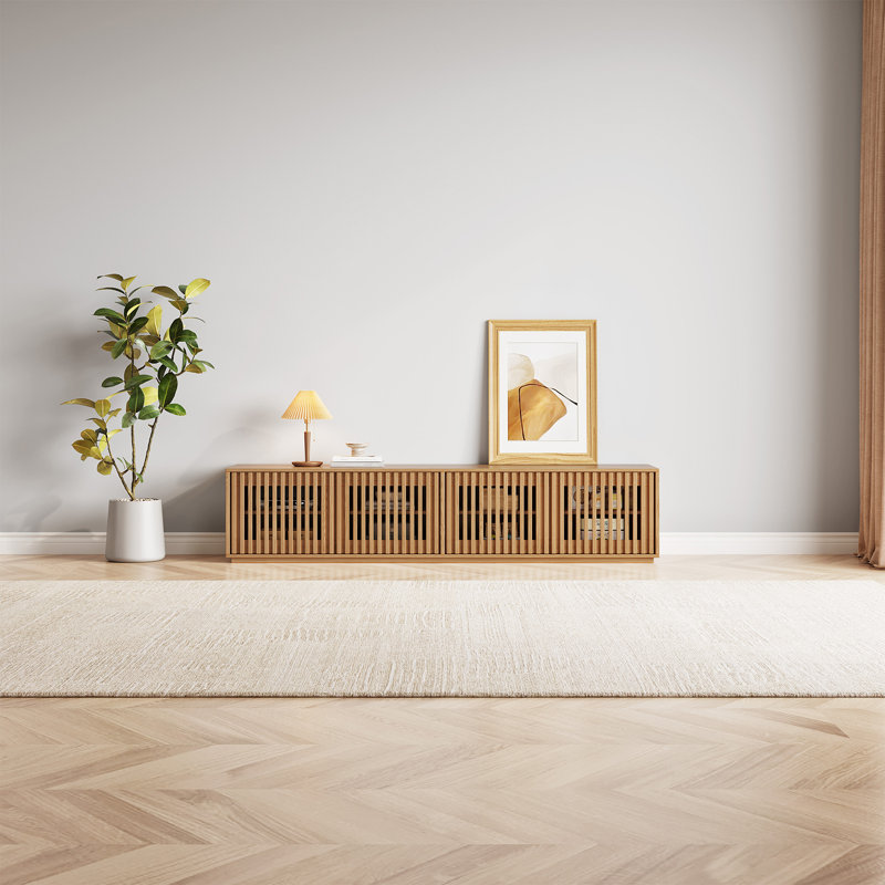 Meuble télé Mid-Century pour le salon, console multimédia moderne avec beaucoup de rangement, Bois beige