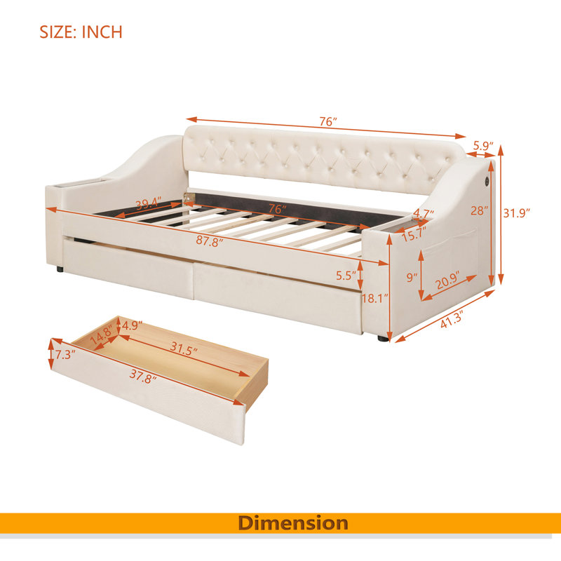 Twin Size Upholstered Daybed With Storage Armrests And USB Port, Beige