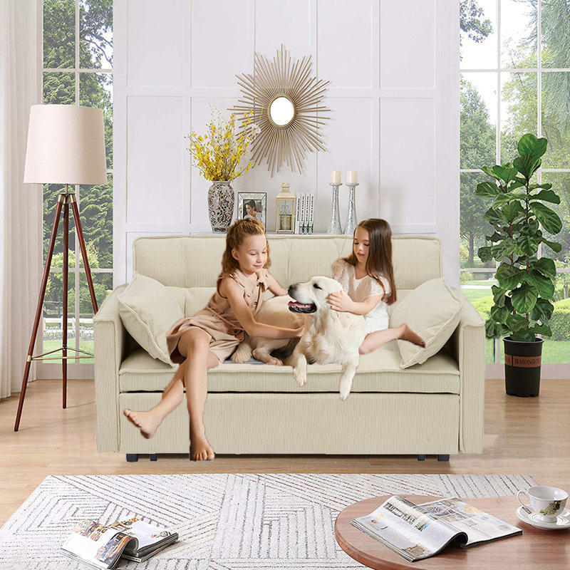 Causeuse convertible Jashlyn, canapé-lit pour petits appartements, Velours côtelé beige