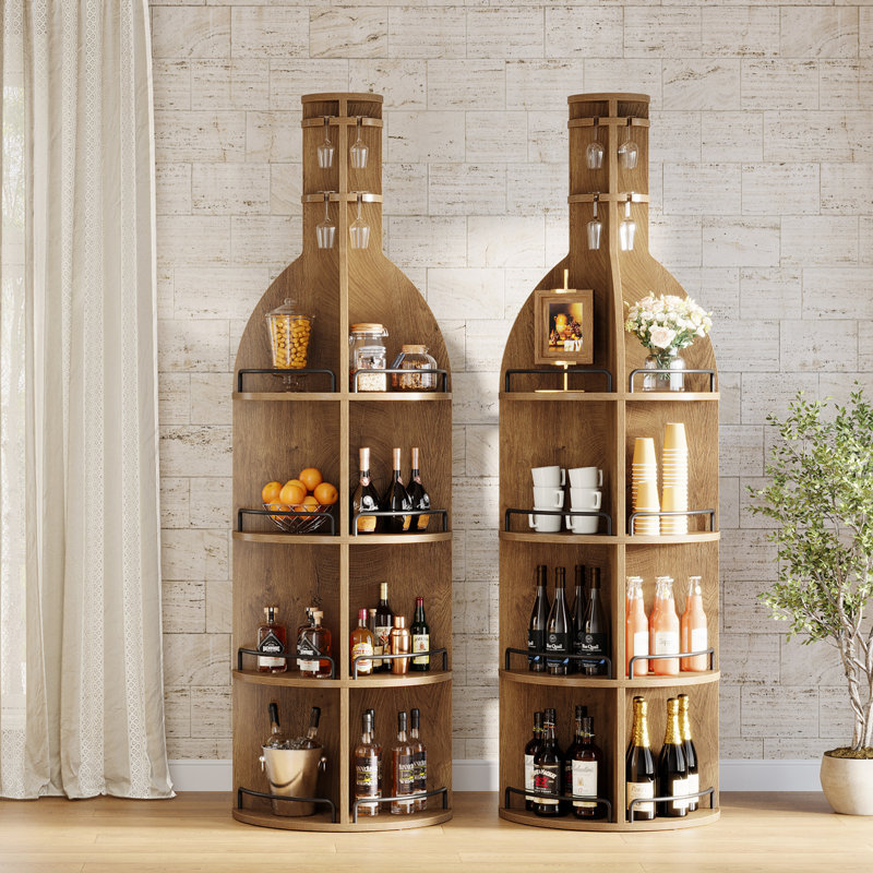 Support à vin autoportant 75 po H, présentoir à boissons en forme de bouteille pour bar maison, 2 pièces, Brun