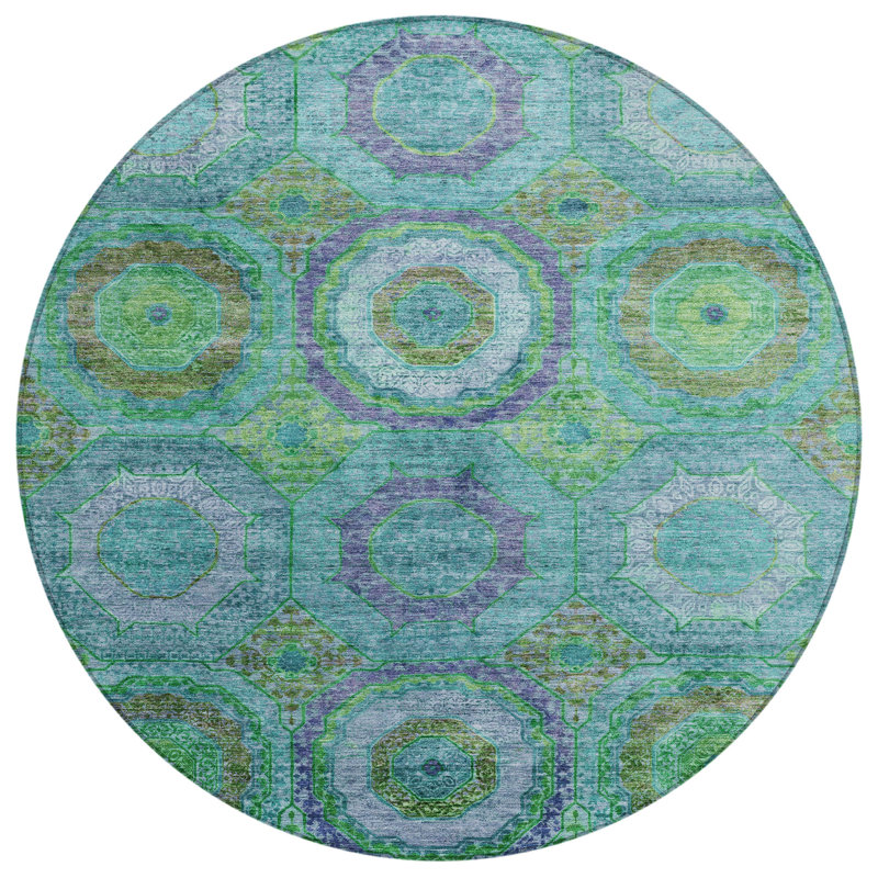 Tapis bleu sarcelle Xhevrie lavable à la machine intérieur / extérieur, Rond 8 pi