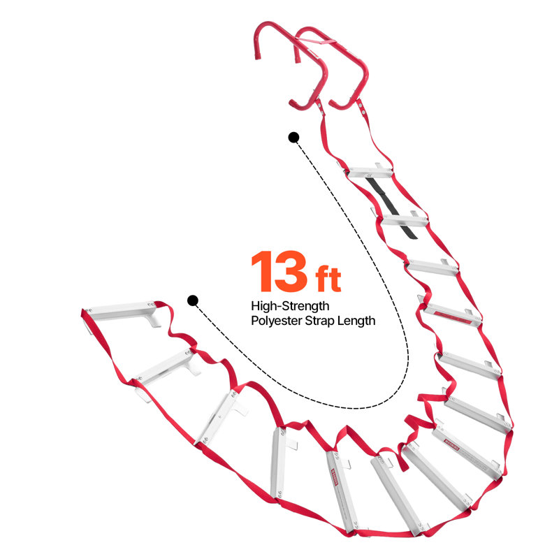 Échelle de secours, échelle de secours rétractable de 2 étages de 13 pi, outil de sécurité en alliage d'aluminium léger avec sangle en polyester robuste, échelon antidérapant et marches larges, charge maximale de 1000 lb