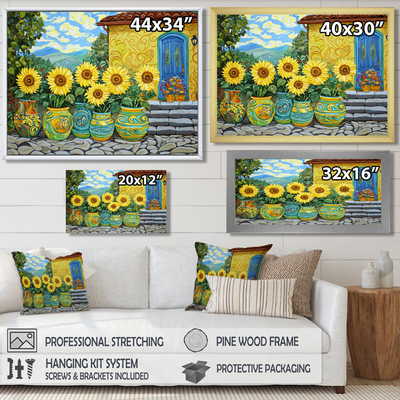 Art mural coloré de poterie colorée inspirée par Vincent I - Tournesols, H 24 po x l 32 po, Reproduction avec cadre flottant