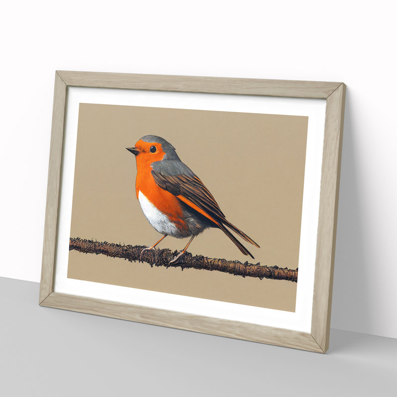 XH1022-9213X Tremendous Robin Bird - Single Picture Frame Painting, Oak, 46cm H x 64cm W x 2cm D