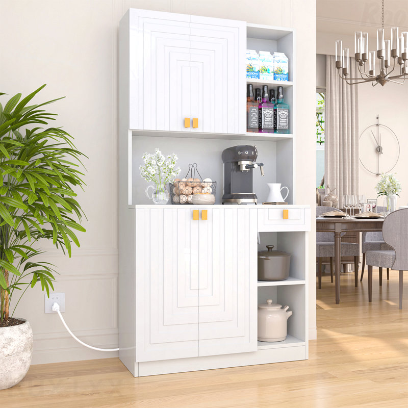 70" High Gloss White Wooden Kitchen Microwave Stand Hutch Pantry Cabinet For Living Room With Storage And Charging Station