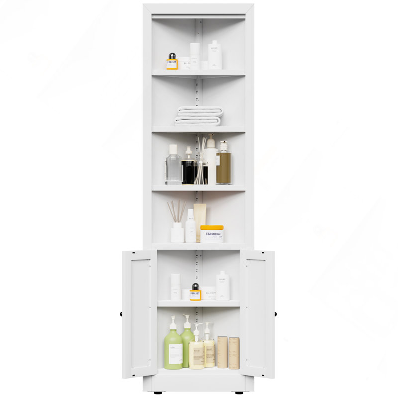 71" Tall Corner Storage Cabinet with 2 Doors, 5-Tier Metal Cabinet with Adjustable Shelves, Freestanding Kitchen Storage for Pantry, Living Room, Bathroom, Laundry Room, Space Saving Furniture, White