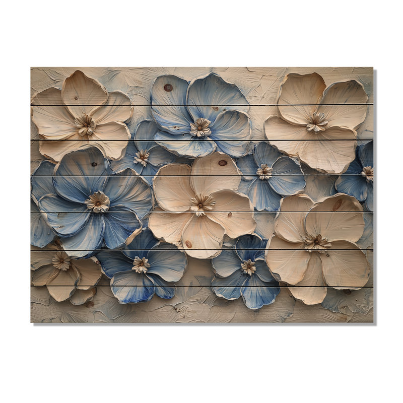 Velours crème bleu Rhododendron I - décoration murale en bois de rhododendron - sur bois de pin naturel