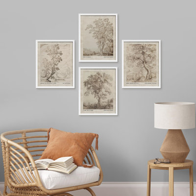 " Vintage Landscape Sketch Antique Tree " 4 - Pieces