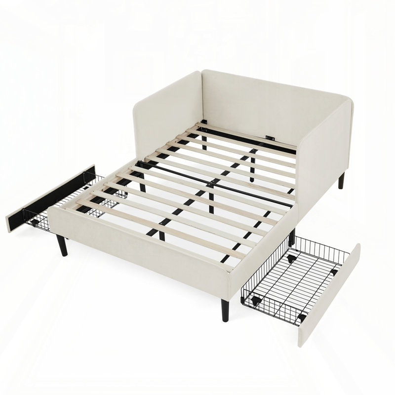 Upholstered Platform Bed Frame with Drawers, Beige, Full/Double