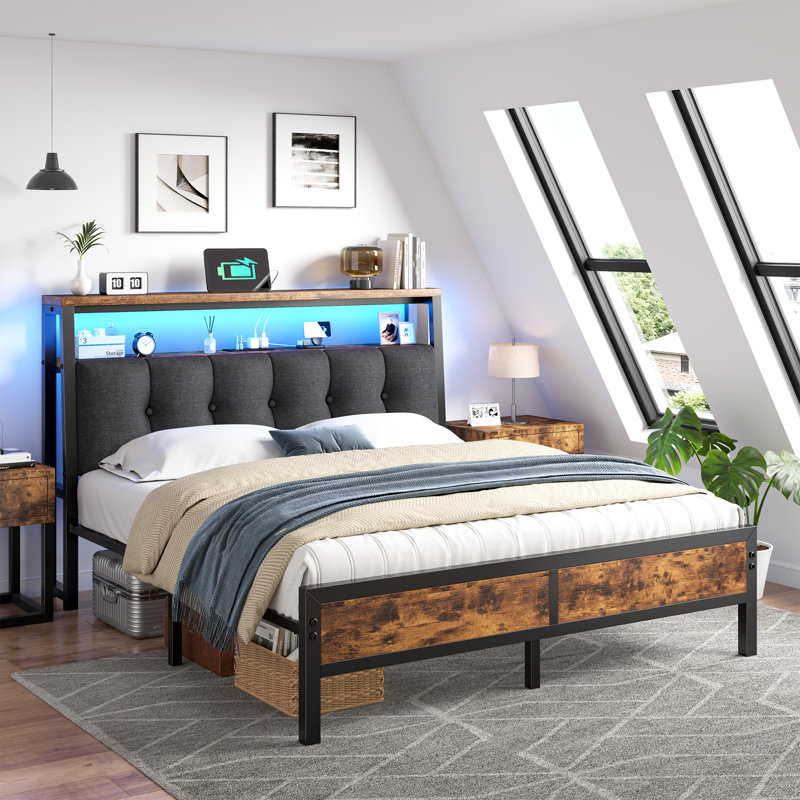 Modern Platform Bed with LED Lights, Charging Station & Under-Bed Storage,Full/Queen/King, Brown, Full