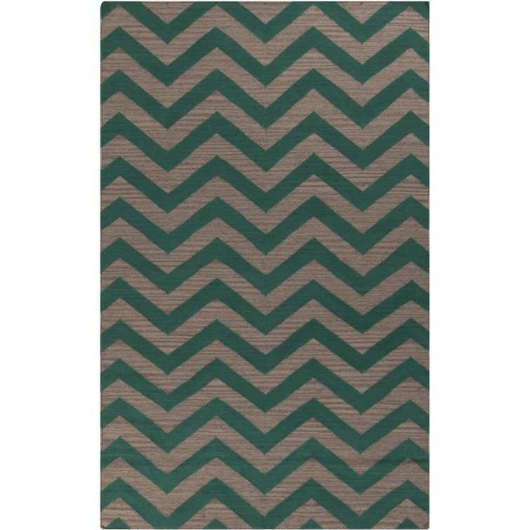 Tapis vert / beige en laine tissé à la main Diego Chevron